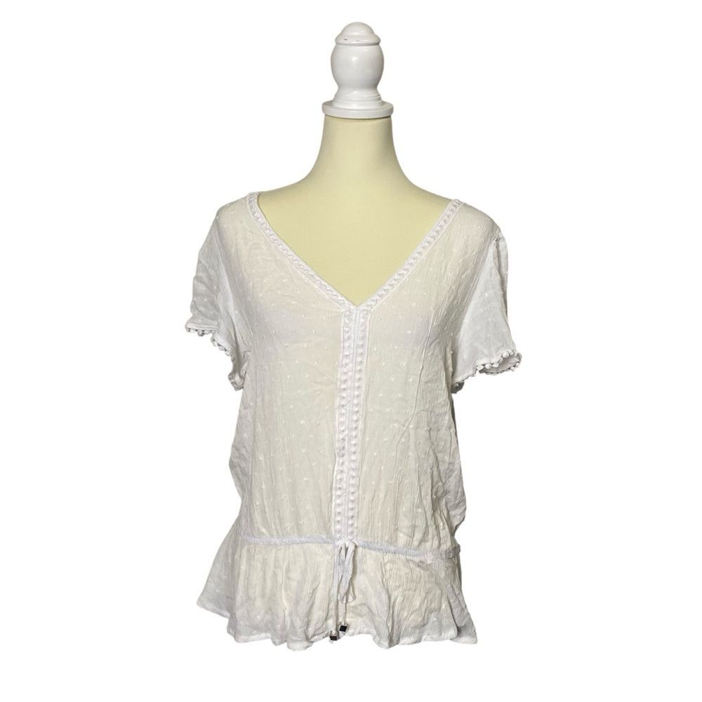 NWT Adrienne Vittadini Semi Sheer White Flutter Sleeve Peasant Top Womens Size M